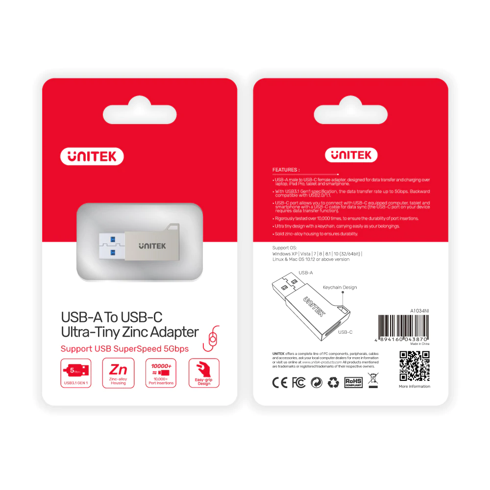 UNITEK A1034NI USB 3.0 Male to USB-C Female SuperSpeed Data/Charging Adapter