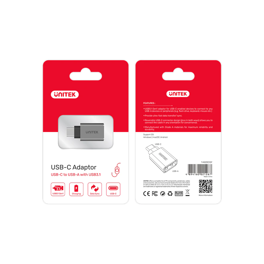 UNITEK Y-A025CGY USB-C Male to USB 3.1 Female Adapter